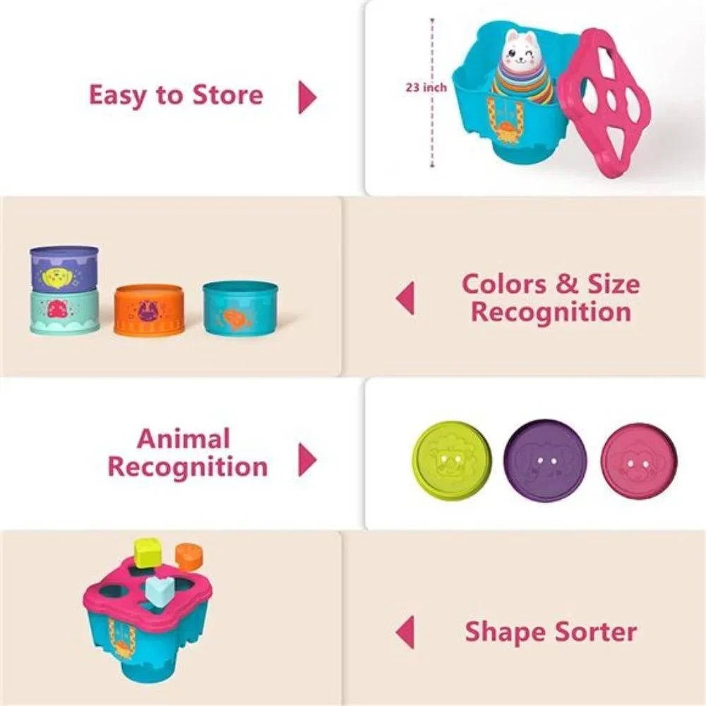 Stackable Blocks Learning Toy with Rattle & Free Frog Bath Toy for Kids